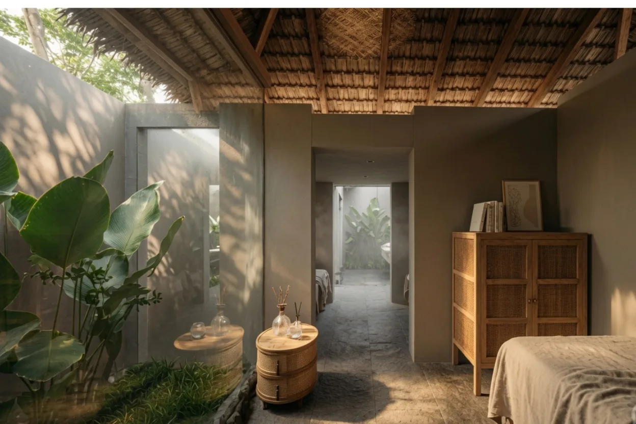 The zen garden between the forest cottages at Ayana