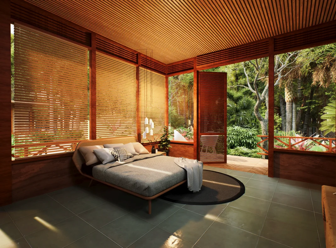 The cottage bedroom, open to the forest