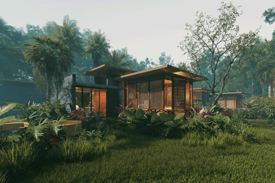 The cottage under the forest canopy