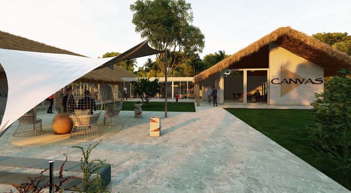 Canvas farmland estate at Lepakshi — the grounds at golden hour
