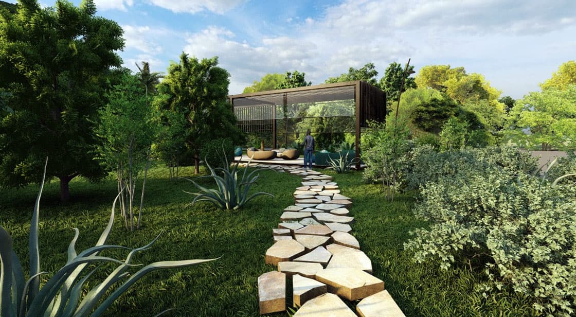 Landscaped pathway between plots at Canvas, Kallur village