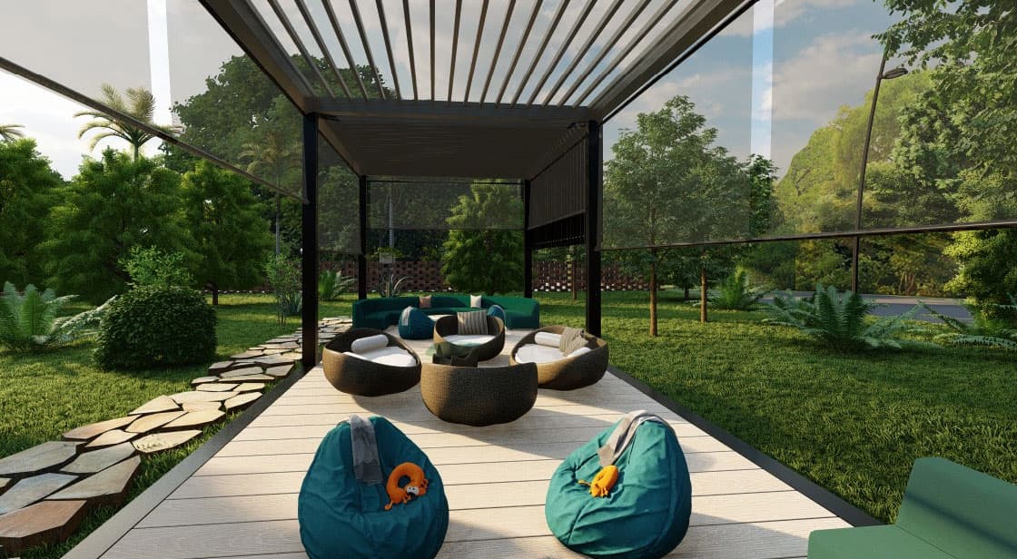 Open-air lounge at Canvas farmland, Sri Sathya Sai district